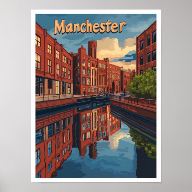 Manchester England Art Vintage Travel Illustration Poster (Front)
