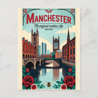 Manchester England Retro Travel Poster Art Postcard