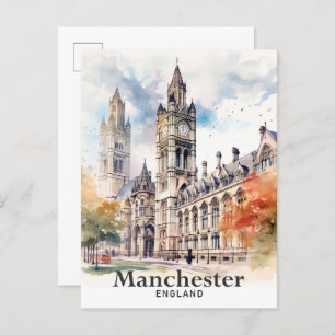 Manchester England Watercolor Painting Travel Postcard