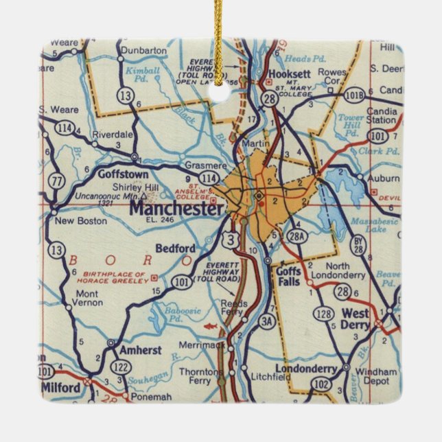 Manchester NH Vintage Map Ceramic Ornament (Back)