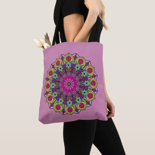 Mandala 12 Pink Flower Mustard on Mauve _  Tote Bag