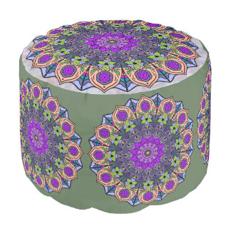 Mandala 12 VioletPeach Pink Green - round Pouf