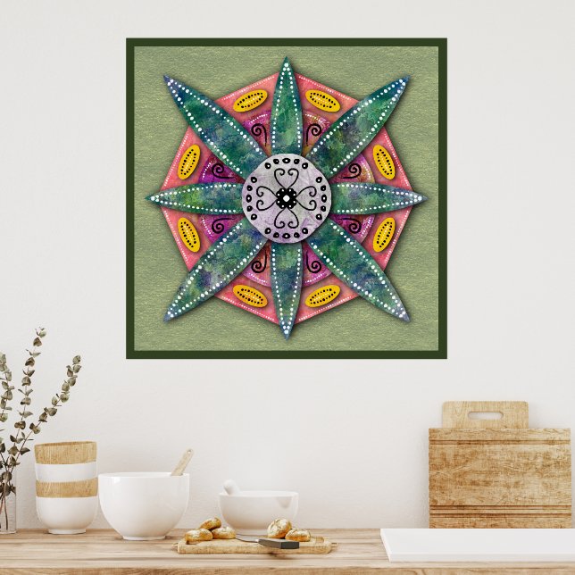 Mandala 8 green Flower petals on olive Poster (Kitchen)