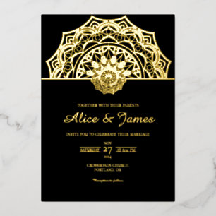 Mandala Arch Crown Elegant Black Gold Foil Wedding Invitation