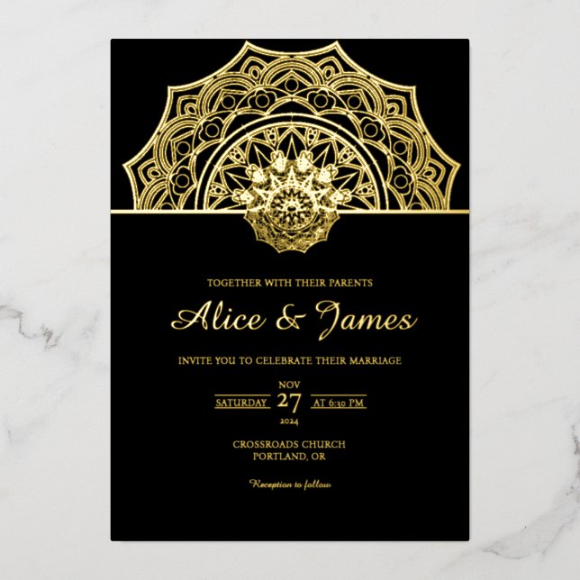 Mandala Arch Crown Elegant Black Gold Foil Wedding Invitation (Front)