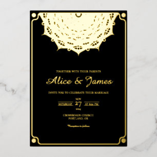 Mandala Arch Frame Elegant Black Gold Foil Wedding Invitation