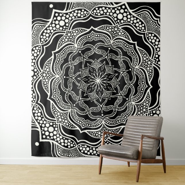 Mandala Art Boho Chic Elegant Black White Trippy Tapestry (In Situ)