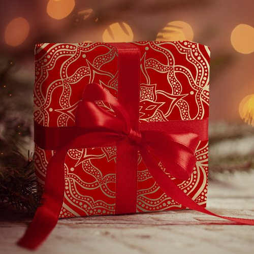 Mandala Art Boho Chic Elegant Gold Red Christmas Wrapping Paper