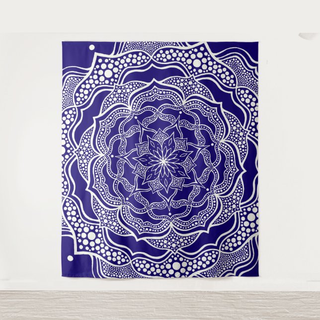 Mandala Art Boho Chic Elegant Navy Blue Trippy Tapestry (Front)