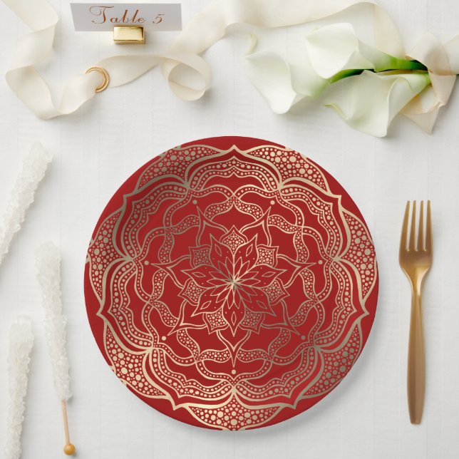  Mandala Art Boho Elegant Gold Dark Red Christmas Paper Plates (Wedding)