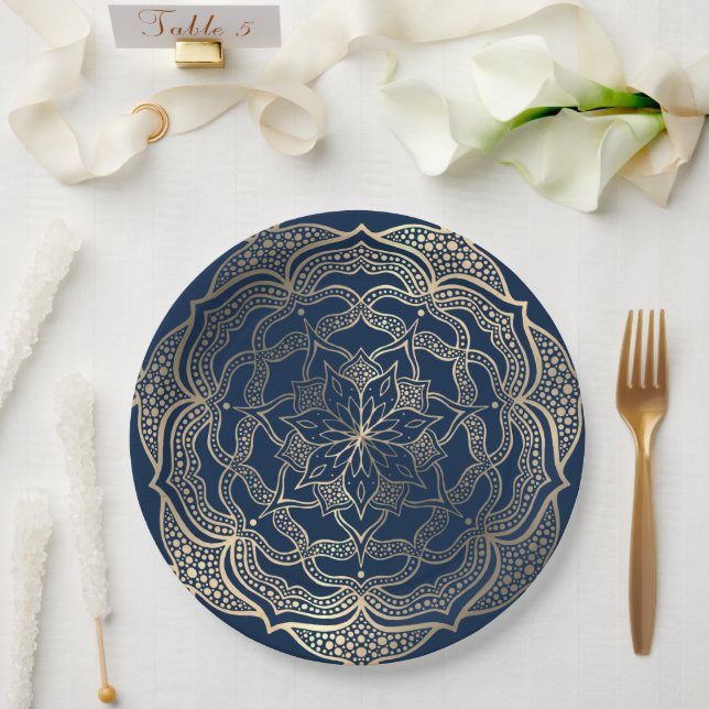  Mandala Art Boho Elegant Gold Navy Blue Christmas Paper Plates (Wedding)