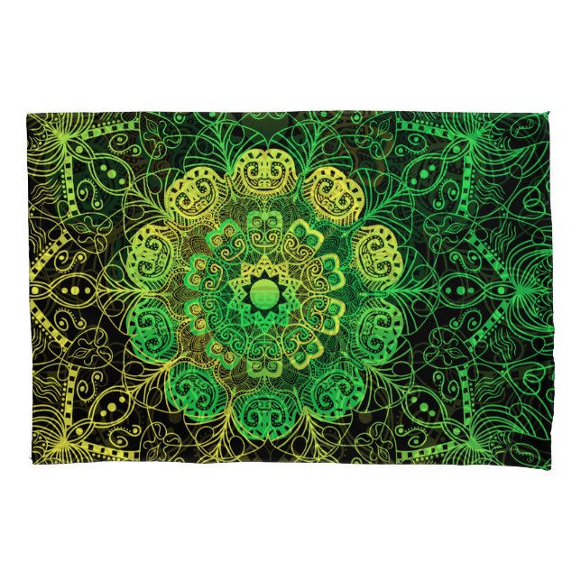 Mandala Art: Green Yellow Detail. Pillow Case (Front)