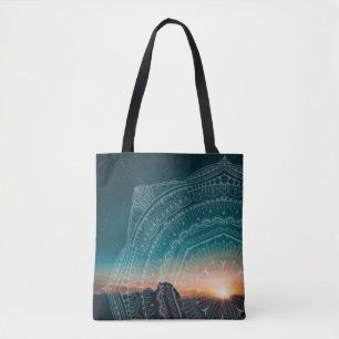 Mandala Art Sunset Blue Night Sky Stars Photograph Tote Bag