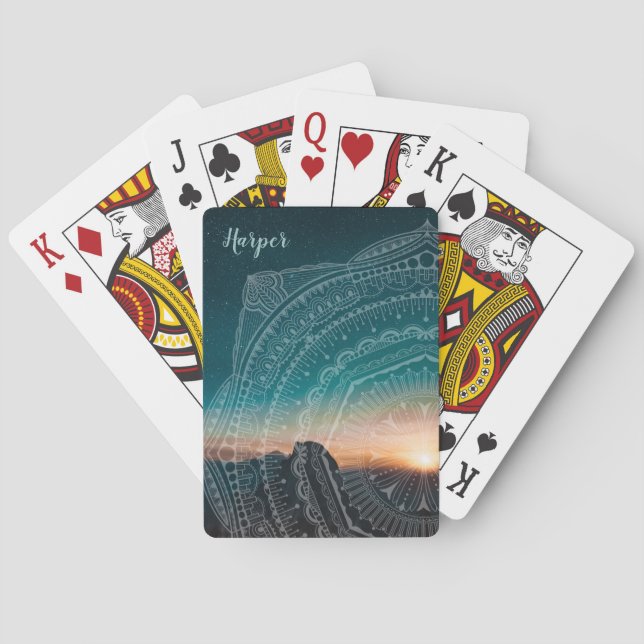 Mandala Art Sunset Starry Night Sky Zen Blue Poker Cards (Back)