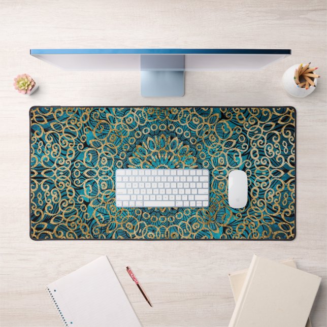  Mandala Art Zen Teal Blue And Gold Classy Elegant Desk Mat (Office 1)