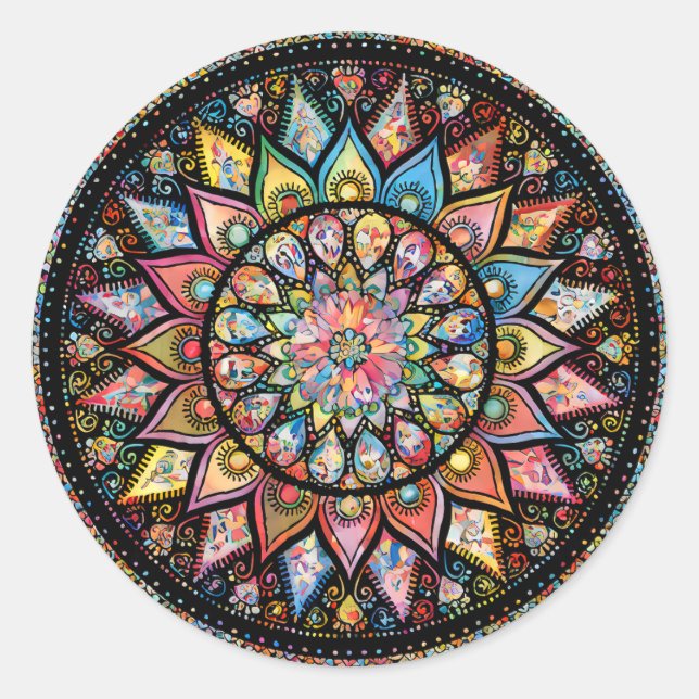 MANDALA ARTS - BLACK AND WHITE - FLOWER DIAMOND CLASSIC ROUND STICKER (Front)