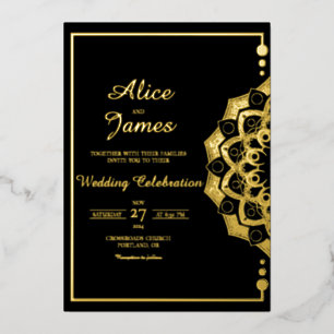 Mandala Bead Frame Elegant Black Gold Foil Wedding Invitation