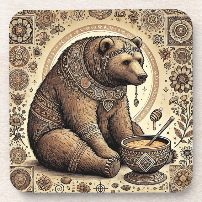 🐻 Mandala Bear Honey Nature Cabin Gift 🐻 Beverage Coaster (Front)