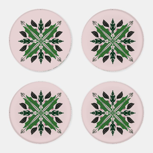 Mandala Begonia Floral Greenery Botanical  Coaster Set (Set)