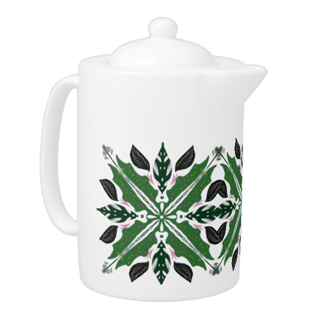 Mandala Begonia Floral Greenery Botanical  Teapot (Left)