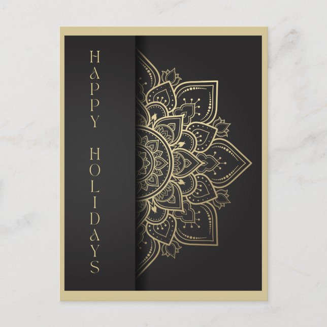 Mandala Black and Gold Happy Holidays Postcard (Front)