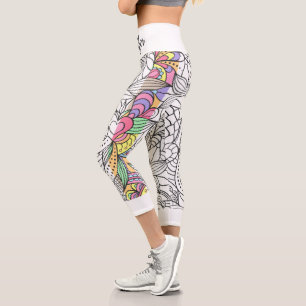 Mandala black and white+colorful stripes fun capri leggings