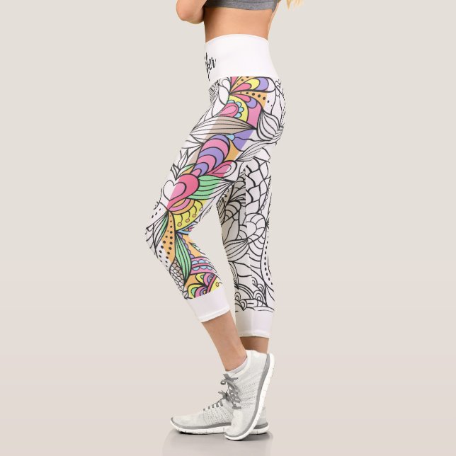 Mandala black and white+colorful stripes fun capri leggings (Left)