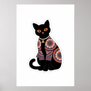 Mandala Black Cat Bell Collar Wall Art Poster