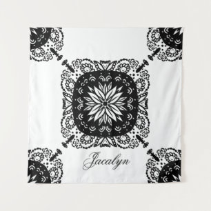 Mandala Black White Floral Name Tapestry