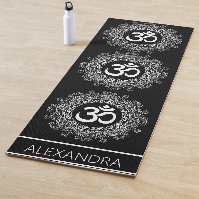 Mandala Black White Om Symbol Name Personalized Yoga Mat (In Situ)