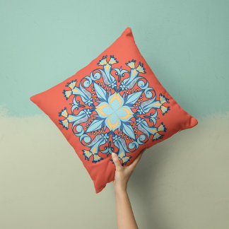 Mandala Bloom Pillow in Coral Red