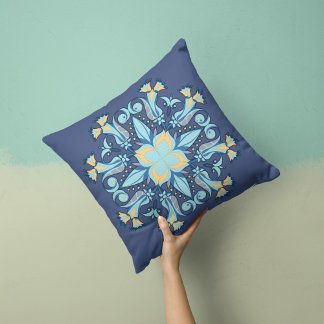 Mandala Bloom Pillow in Navy Blue