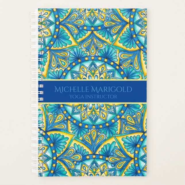 Mandala Blue Floral Turquoise Pattern Yoga Planner (Front)