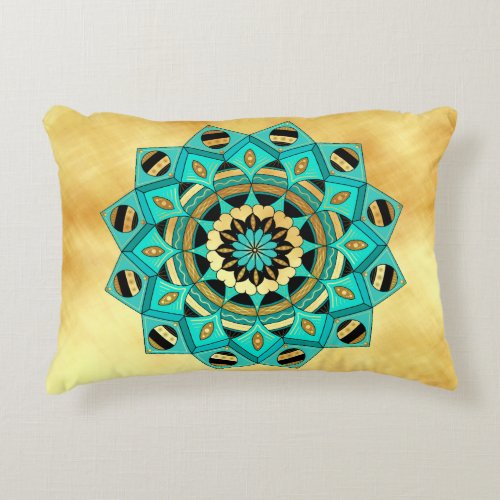 Mandala Blue Gold Black on Soft Gold Background Accent Pillow
