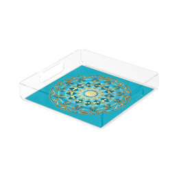 Mandala Blue Gold on Blue Background Acrylic Tray