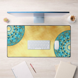 Mandala blue gold on Soft Gold Background Desk Mat