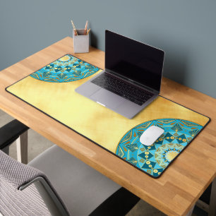 Mandala blue gold on Soft Gold Background Desk Mat