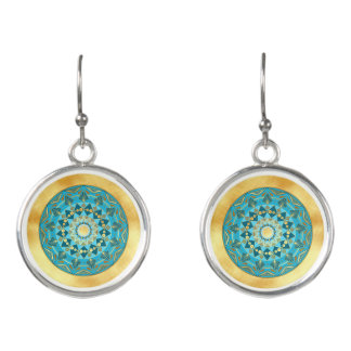 Mandala blue gold on Soft Gold Background Earrings