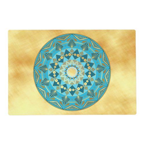 Mandala blue gold on Soft Gold Background Placemat
