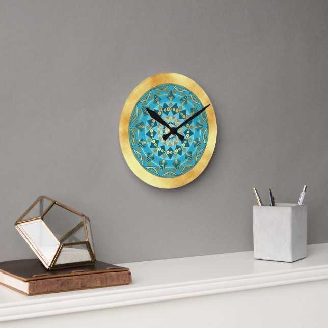 Mandala blue gold on Soft Gold Background Round Clock (Office)