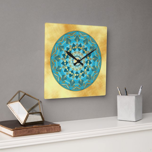 Mandala blue gold on Soft Gold Background Square Wall Clock (Office)