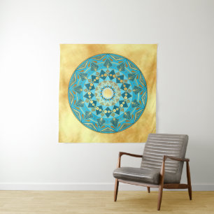 Mandala blue gold on Soft Gold Background Tapestry