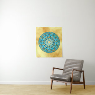 Mandala blue gold on Soft Gold Background Tapestry