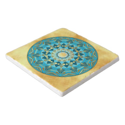 Mandala blue gold on Soft Gold Background Trivet
