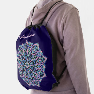 Mandala Blue Pink Green Spiritual. Drawstring Bag