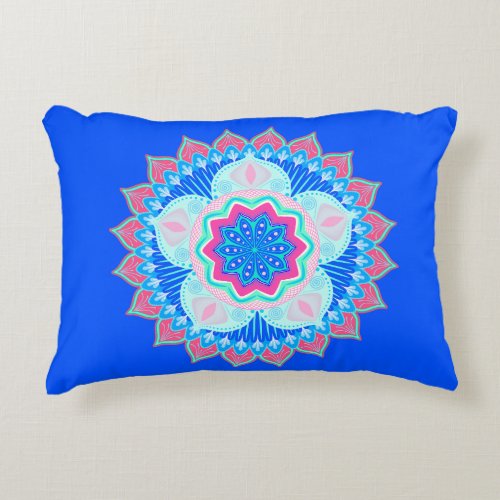 Mandala Blue Pink on Blue Background Accent Pillow