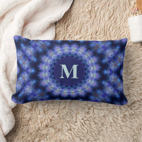 Mandala Blue Purple Circle Pattern Monogram Lumbar Pillow