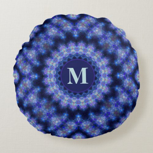 Mandala Blue Purple Circle Pattern Monogram Round Pillow