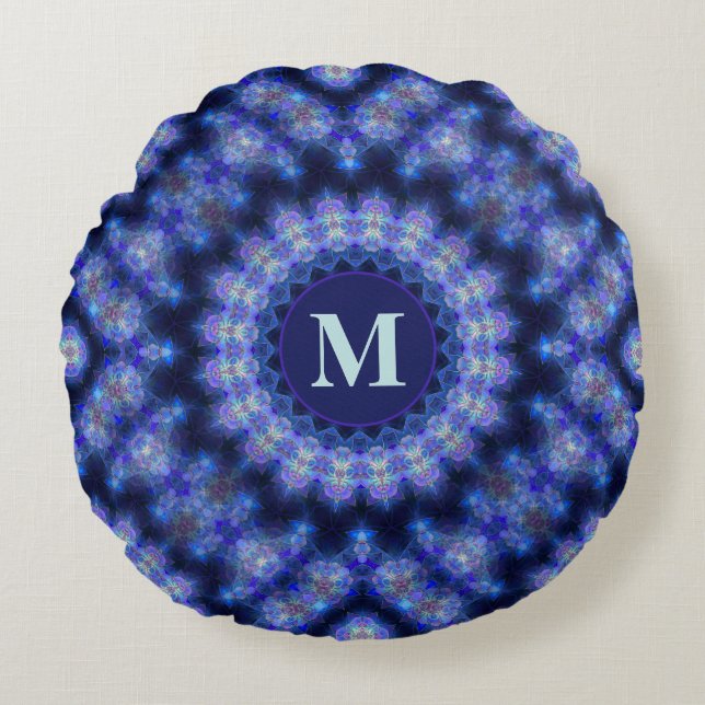 Mandala Blue Purple Circle Pattern Monogram Round Pillow (Front)