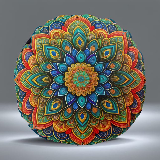 Mandala Blue Teal Colorful Illustration Round Pillow (Creator Uploaded)